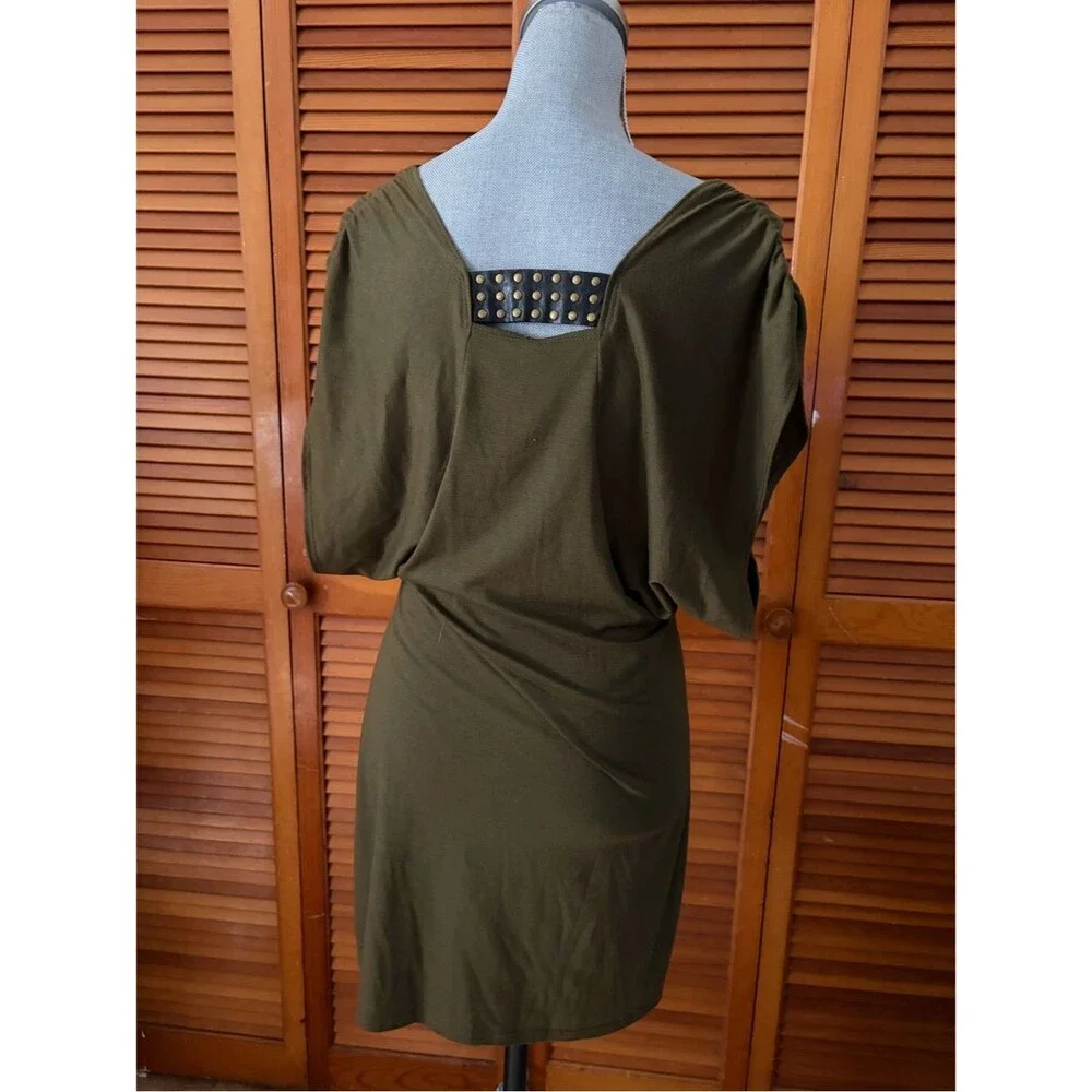 Y2K Olive Green Square Neck Leather Grommet Strap Party Club Dress